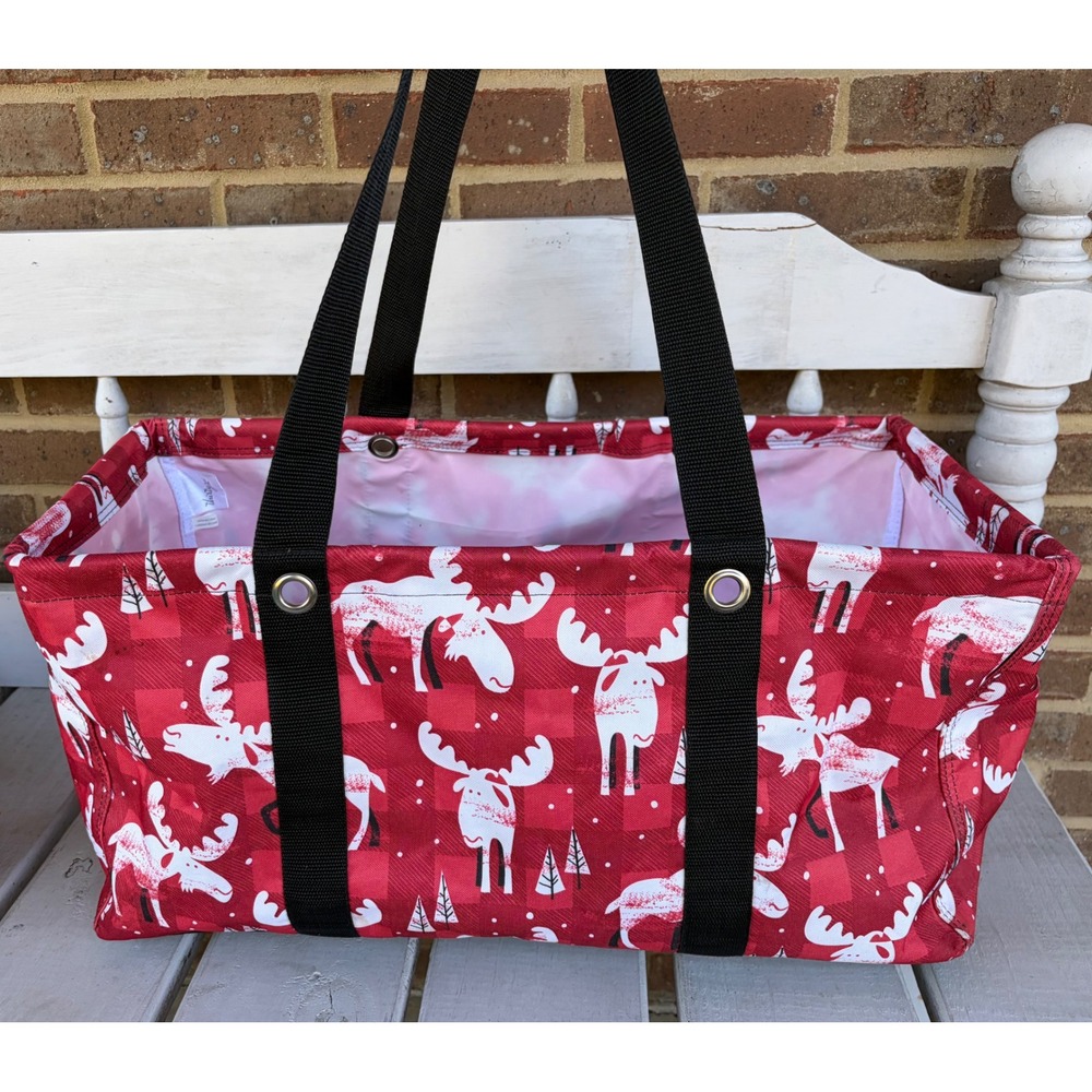 Thirty-One Large Utility Tote Red Moose Lodge Buffalo Plaid Storage Bag Holiday